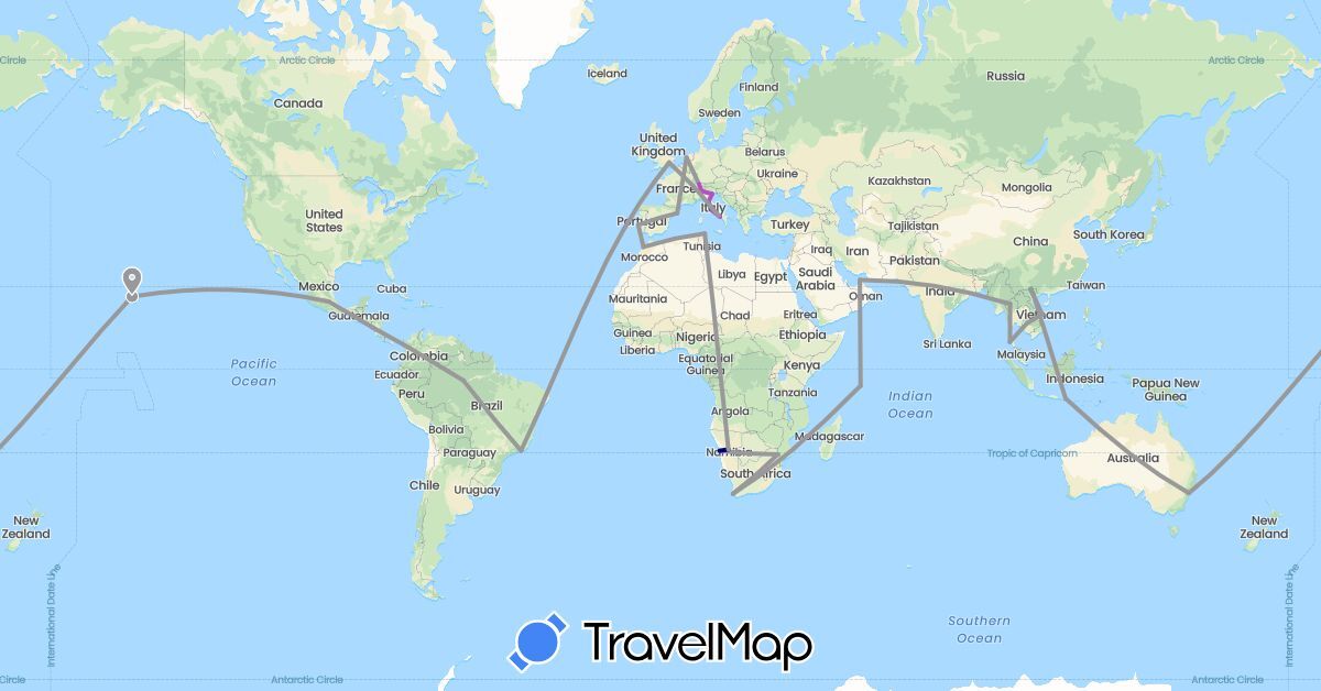 TravelMap itinerary: driving, plane, train in United Arab Emirates, Australia, Brazil, Switzerland, Colombia, Spain, Indonesia, Italy, Cambodia, Morocco, Namibia, Nicaragua, Netherlands, Portugal, Seychelles, Thailand, Tunisia, United States, Vietnam, South Africa (Africa, Asia, Europe, North America, Oceania, South America)